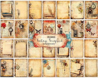May include: A collection of 28 vintage scrapbook digital paper cards. The cards feature aged paper textures, antique clocks, feathers, flowers, and butterflies. The central card has the text "28 CARDS Vintage Scrapbook Digital Paper Cards".