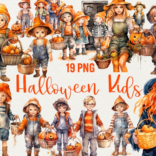 Watercolor Cute Kids Clipart, Watercolor Halloween illustration 19 PNG Children Pumpkin  Clipart, Commercial use