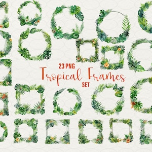 Clipart acquerello tropicale, cornici di fiori estivi, cornice tropicale, 23 cornici PNG, cornice con ghirlanda di clipart tropicali, uso commerciale.