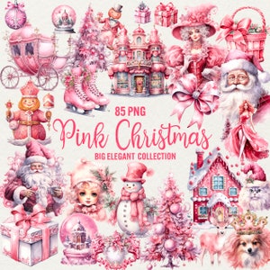 Clipart di Natale elegante rosa, Set 85 png Clipart di Natale invernale ad acquerello Clipart di festa Clipart di Natale di lusso Clipart di Babbo Natale Uso commerciale