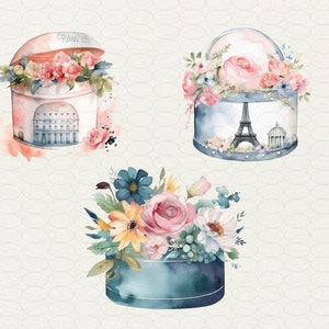 May include: Three watercolor illustrations of floral arrangements in decorative boxes. The first box is pink and white with the text "Paris 11e" on the lid. The second box is blue and white with a watercolor illustration of the Eiffel Tower. The third box is blue and white with a floral arrangement of pink, yellow, and blue flowers.