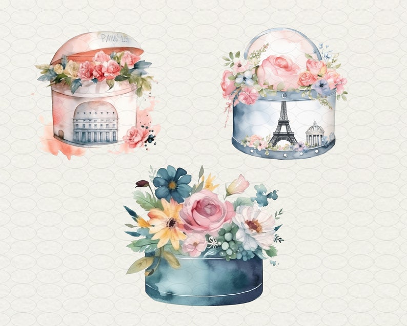 May include: Three watercolor illustrations of floral arrangements in decorative boxes. The first box is pink and white with the text "Paris 11e" on the lid. The second box is blue and white with a watercolor illustration of the Eiffel Tower. The third box is blue and white with a floral arrangement of pink, yellow, and blue flowers.