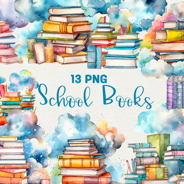 Watercolor School Books Clipart, Back To School books Clipart, Watercolor books School, 13 PNG Kids Books Clipart Digital Commercial Use