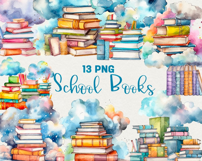 Watercolor School Books Clipart, Back To School books Clipart, Watercolor books School, 13 PNG Kids Books Clipart Digital Commercial Use