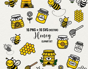Honey Bee Clipart Set, PNG SVG Vector, Honeycomb Graphics (Digital Download)