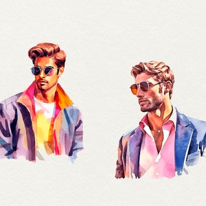 May include: Two men wearing sunglasses and jackets. One man is wearing a colorful jacket and the other is wearing a blue blazer with a pink shirt.