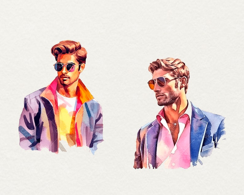 May include: Two men wearing sunglasses and jackets. One man is wearing a colorful jacket and the other is wearing a blue blazer with a pink shirt.