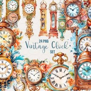 Vintage clocks Clipart, Antique clock clipart 24 PNG, vintage aesthetic, gold watercolor clock clipart, Commercial Use.