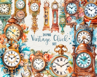 Vintage Uhr Clipart: Gold Aquarell Antike Uhren (24 PNG) Kommerzielle Nutzung