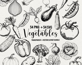 May include: A black and white illustration of 54 different vegetables, including broccoli, cauliflower, eggplant, onions, peppers, potatoes, and tomatoes. The image is labeled "54 PNG + 54 SVG Vegetables, Transparent + Vector Clipart Bundle".