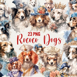 Aquarelle rococo chiens Clipart, clipart Animal, 23 PNG rococo beau chien, clipart animaux de compagnie élégant, téléchargement immédiat, usage commercial.