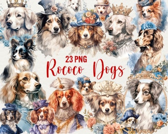 Watercolor Rococo Dogs Clipart: Elegant Pet PNG Images (Digital Download)