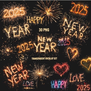 Superposiciones de Año Nuevo, 30 png feliz año nuevo, superposiciones de fotos 2025, signo de celebración, clipart de amor, ilustración brillante de año nuevo, uso comercial
