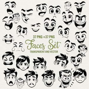 Cartoon Emotion Faces Clipart, 37 SVG/ PNG Emoji Face, Cute Funny Face Svg, Cartoon Eyes, Smile, Cricut, Instant Download, Commercial Use.