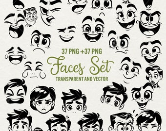 漫画の感情的な顔のクリップアート：37 個の SVG/PNG 絵文字イラスト（商用利用可）