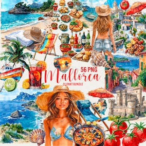 Pacote de clipart de aquarela de Mallorca 56 PNG, clipart de Espanha para scrapbooking clipart de viagem transparente, clipart tradicional espanhol Uso comercial