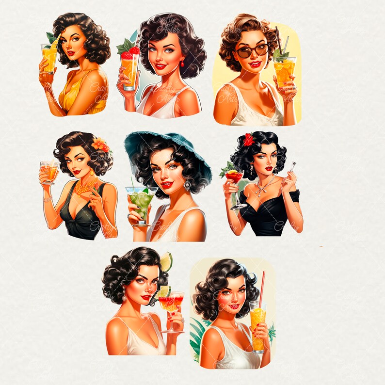 Watercolor Pin-up Cocktail Girls Clipart: 1950s Retro Summer (35 PNG ...