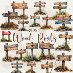 Aquarel houten borden clipart, 24 png-houten bordpalen, rustieke houten planken, junk journal, kaarten maken, instant download, commercieel gebruik.