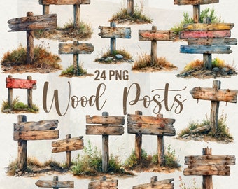 Watercolor Rustic Wood Sign Clipart: 24 PNG Graphics (Digital Download)