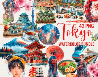 Akvarell Tokyo Clipart-paket: Japansk kulturgrafik (42 PNG)