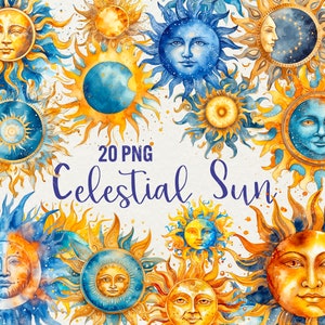 Aquarell Himmlische Sonne Clipart, 20 PNG Magic Sun Fantasy Clipart, Aquarell Sonne Clipart für kommerzielle Nutzung
