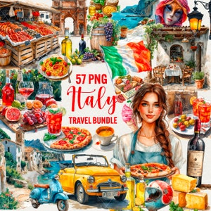 Imágenes prediseñadas de viajes de Italia, 57 png Verano en acuarela italiana, imágenes prediseñadas de viajes, comida italiana, vacaciones, viajes de ensueño, imágenes prediseñadas de pizza, uso comercial.