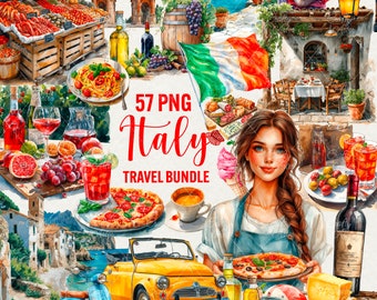 May include: A watercolor illustration of Italian travel themed clipart. The illustration includes a woman, a car, a scooter, a pizza, a glass of wine, a bottle of wine, a cheese wedge, a bowl of olives, a plate of food, a flag of Italy, a building, a market, and a grapevine.