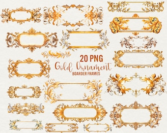 May include: Set of 20 gold ornate border frames in PNG format. The frames are intricate and detailed, with a variety of designs. They are perfect for adding a touch of elegance to any project.