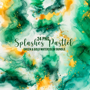 Groene en gouden aquarel spatten clipart, 24 png emerald splash textures, penseelstreken, verfspatten, digitale png, commercieel gebruik