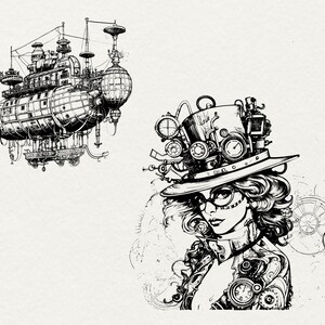 May include: A black and white illustration of a steampunk airship and a woman with a complex, detailed steampunk hat. The woman is wearing glasses and has curly hair. The background is a white paper texture.