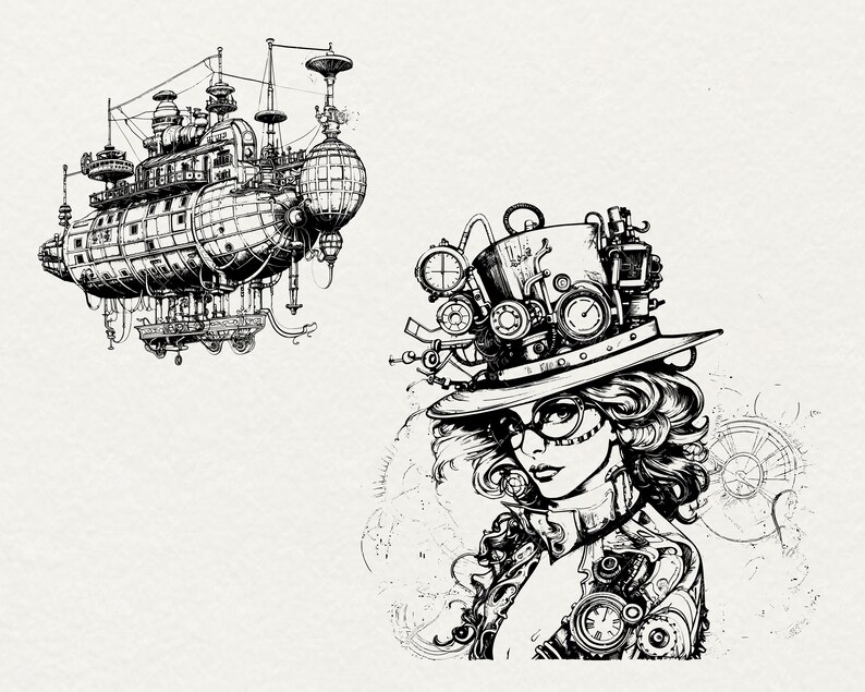 May include: A black and white illustration of a steampunk airship and a woman with a complex, detailed steampunk hat. The woman is wearing glasses and has curly hair. The background is a white paper texture.
