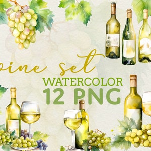 Conjunto de acuarela de vino blanco 12 PNG, clipart de botella de vino y uva blanca, descarga instantánea digital, clipart de copa de vino. uso comercial.