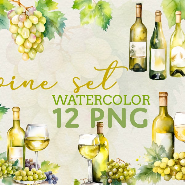 White Wine Watercolor Set 12 Png, white grape and wine bottle clipart, digital instant download, Wine glass clipart. commercial use.