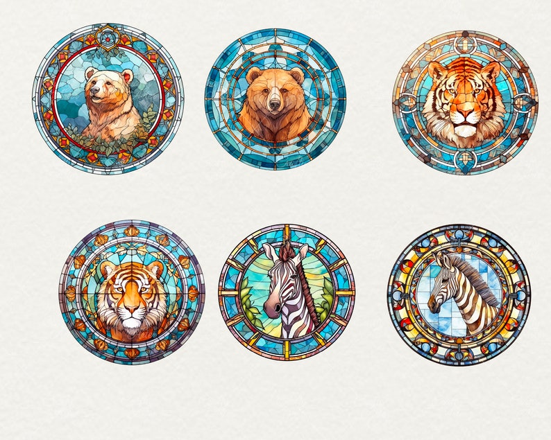 Watercolor Stained Animals Clipart, 51 png Stained Watercolor glass Window PNG, Fantasy animal Clipart, Window animal PNG, Commercial Use