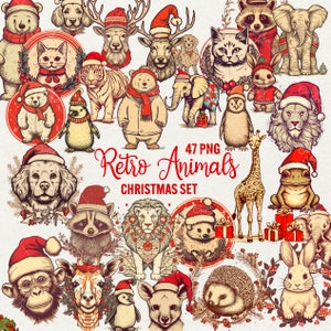 Animais de Natal retrô clipart Presente de Natal clipart Inverno clipart, querido, coruja, coelho, gato, cachorro, leão. 47 Natal png Uso Comercial
