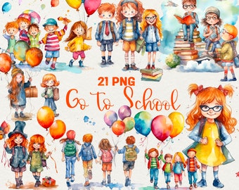 Watercolor School Kids Clipart, Children Back To School Clipart, Watercolor School Kids, 21 PNG Kids Books Clipart Digital Commercial Use