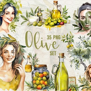 Wasserfarbe Olive Clipart, 35 png Olivenöl, Handcreme, Gesichtsmaske mit Oliven, Glas und Blätter Grafiken Digitales Papier Scrapbooking, kommerzielle Nutzung.