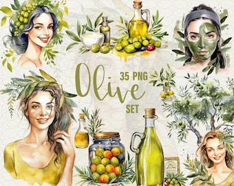 Watercolor Olive Clipart: Oil, Cream, Leaves Graphics (35 PNG, Commercial Use)