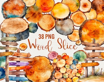 Könnte beinhalten: Eine Sammlung von 38 Aquarell-PNG-Bildern mit Holzscheiben in verschiedenen Größen und Formen. Die Bilder zeigen eine Vielzahl von Farben, darunter Braun, Orange, Gelb und Rot. Die Holzscheiben sind perfekt für Bastelprojekte, Scrapbooking und andere kreative Arbeiten. 38 PNG Holzscheiben