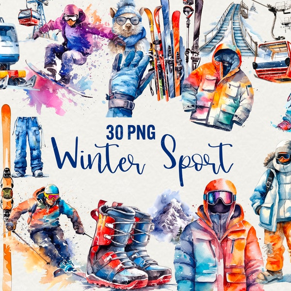 Aquarell Winter Sport Clipart, 30 png Snowboard Clipart, Ski Natur Clipart, Reise Clipart, Urlaub Clipart, kommerzielle Nutzung