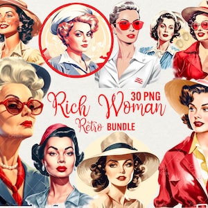 Clipart donna retrò ricca, bundle di 30 PNG, grafica di ragazze con soldi vecchi, clipart di trench donna ricca della settimana della moda, uso commerciale