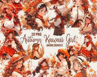Autumn Kawaii Girl Clipart: Floral Folk Portrait Graphics (20 PNG)