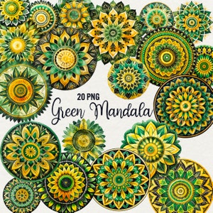Clipart mandala verde acquerello, 20 clipart mandala Yamayka png, mandala olistico, indiano, tailandese, mandala yoga per uso commerciale.