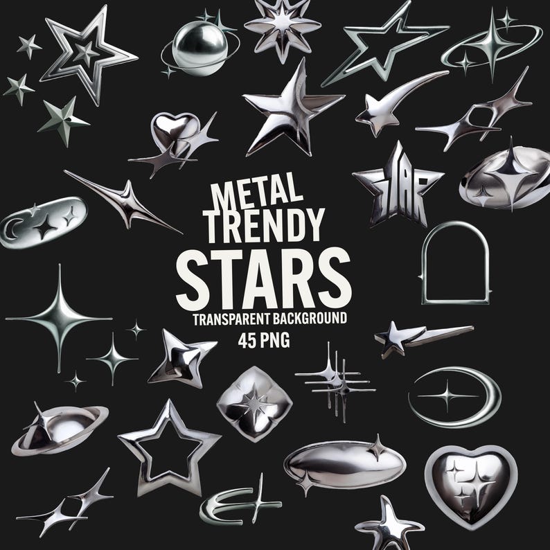Metal star PNG bundle with 45 chrome aesthetic clipart designs, including silver starbursts, shooting stars, spiked stars, outlined stars, orbiting planets, crescent moons, and celestial shapes. Trendy Y2K and futuristic style, perfect for digital art, sublimation, scrapbooking, websites, social media posts, Twitch overlays, and DIY crafts. Each PNG has a transparent background, ideal for Canva, and other design platforms. Great for aesthetic and gothic projects.
