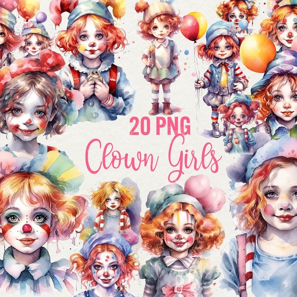 Clipart clown mignon filles aquarelle, illustration Halloween aquarelle 20 PNG Clipart clown enfants, usage commercial