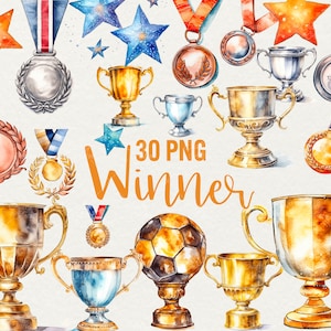 Clipart vincitore acquerello, 30 PNG, clipart vincitori, scrapbooking vittorie Trofeo Coppa d'oro clipart, clipart medaglia vincitore, uso commerciale