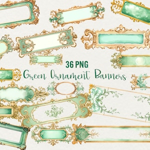 May include: 36 PNG Green Ornament Banners. A set of digital printable banners with ornate gold and green frames. The banners are ideal for adding a touch of elegance to any project.