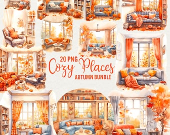 May include: A digital illustration of 20 cozy autumn scenes. Each scene features a room with a window, furniture, and fall decor. The scenes are painted in a watercolor style with warm colors and a rustic feel. The text "20 PNG Cozy Places AUTUMN BUNDLE" is included in the image.