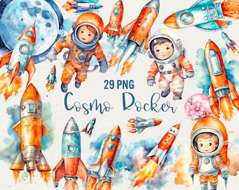Watercolor Space Clipart: Rocket, Planets, Astronaut (29 PNG)