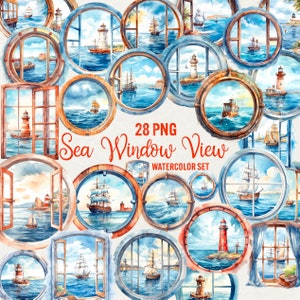 Clipart aquarelle vue fenêtre mer, fenêtres nautiques 28 Png aquarelle fenêtre vue mer paysage océan phare bateau, usage commercial